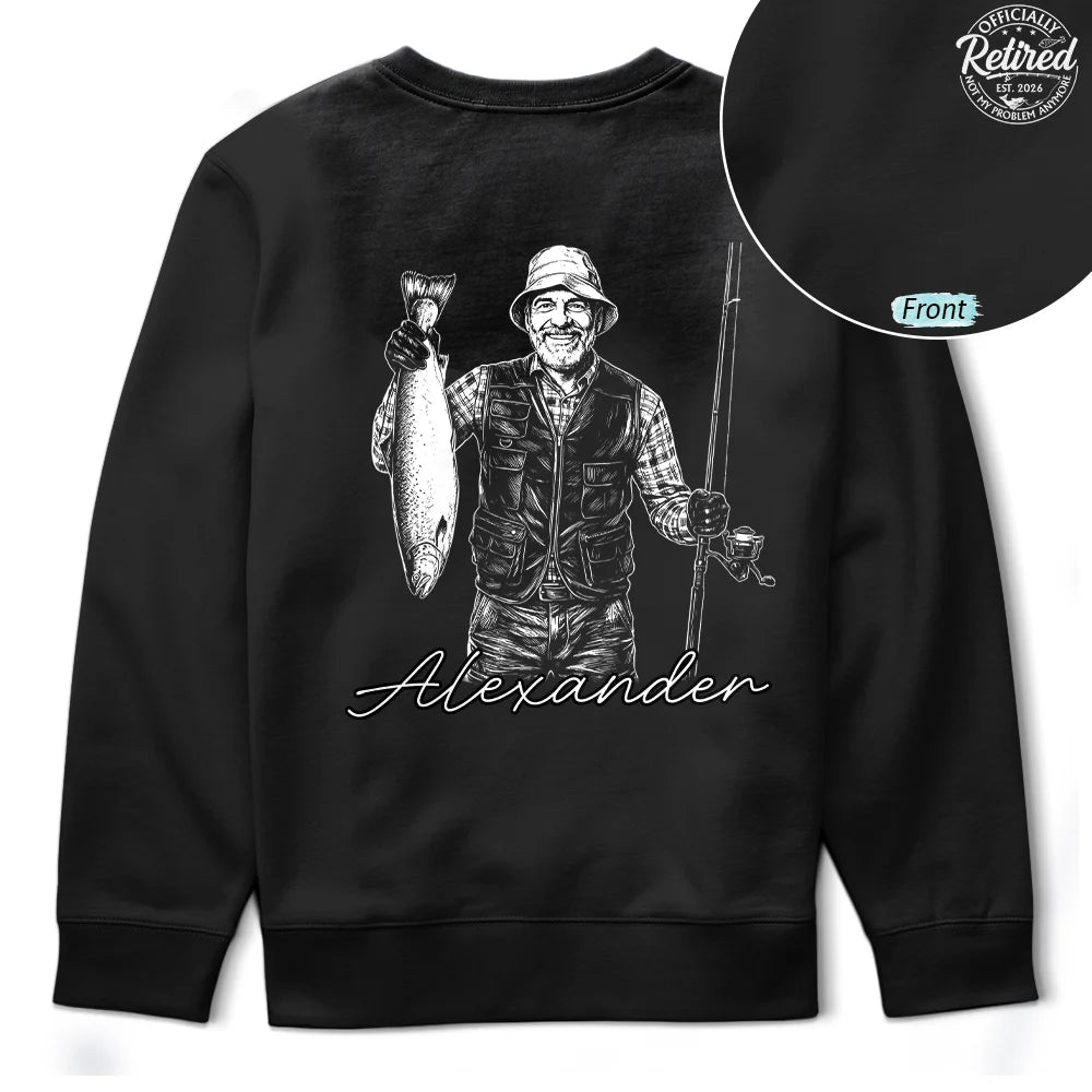 Custom Photo, Fishing, Art Design, Summer, Retirement, Gift For Men, Gift For Yourself, Humorous, Photo - Pencil Sketch - Dark BG - Custom Photo White Pencil Sketch Art O'Fishally Retired - Personalized T Shirt