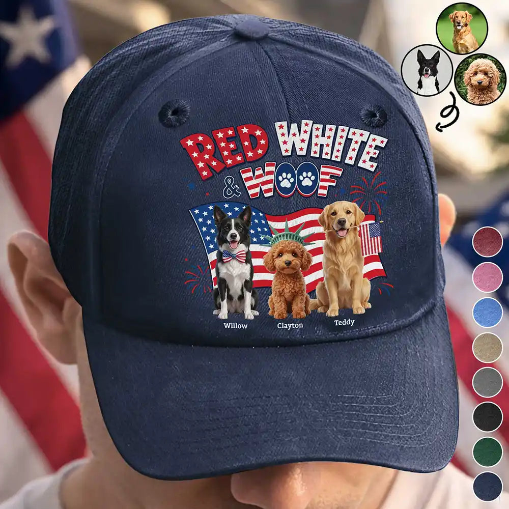 Custom Photo 3D Cartoon With US Accessories Red White Woof - Personalized Vintage Washed Denim Cap