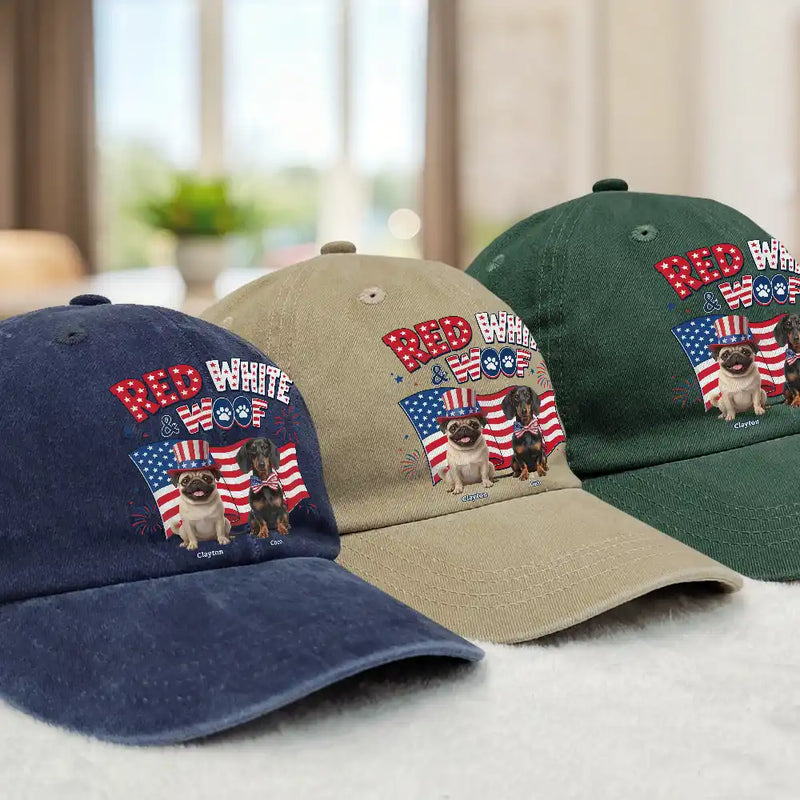 America 250th,Custom Photo,Independence Day,Art Design,Pet Lovers,Playful,Photo - US Theme Accessories 3D Cartoon - Custom Photo 3D Cartoon With US Accessories Red White Woof - Personalized Vintage Washed Denim Cap