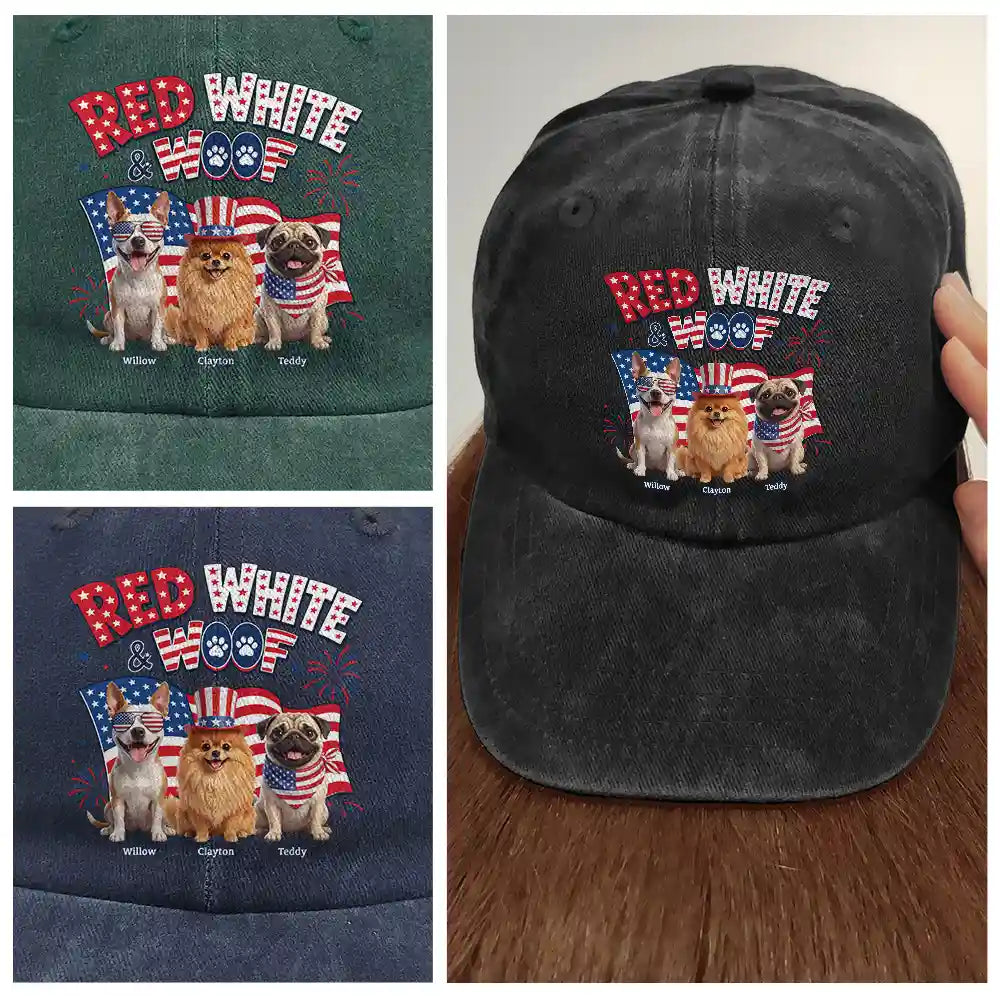 America 250th,Custom Photo,Independence Day,Art Design,Pet Lovers,Playful,Photo - US Theme Accessories 3D Cartoon - Custom Photo 3D Cartoon With US Accessories Red White Woof - Personalized Vintage Washed Denim Cap