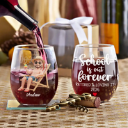 Custom Photo, Art Design, Summer, Teacher, Retirement, Humorous, Photo - Beach Chair 3D Effect - Custom Photo 3D Summer Concept School Is Out Forever Retired And Loving It - Personalized Stemless Wine Glass