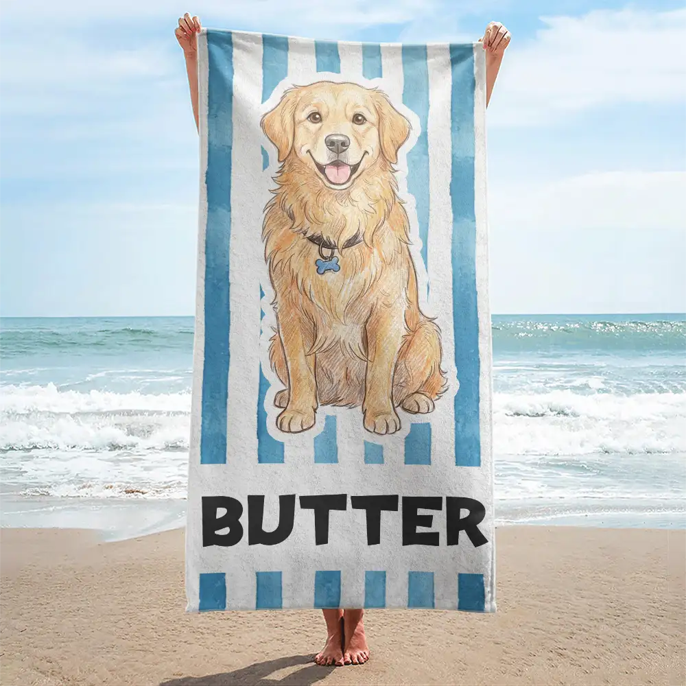 Custom Photo, Beach, Art Design, Summer, Pet Lovers, Playful, Photo - Colored Pencil - Custom Photo Colored Pencil Sketch Poolside Beach Vacation Dog Cat - Personalized Beach Towel