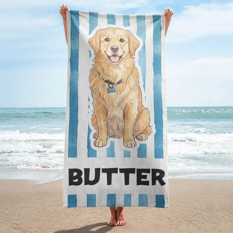 Custom Photo, Beach, Art Design, Summer, Pet Lovers, Playful, Photo - Colored Pencil - Custom Photo Colored Pencil Sketch Poolside Beach Vacation Dog Cat - Personalized Beach Towel