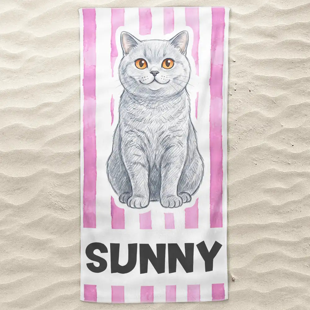Custom Photo, Beach, Art Design, Summer, Pet Lovers, Playful, Photo - Colored Pencil - Custom Photo Colored Pencil Sketch Poolside Beach Vacation Dog Cat - Personalized Beach Towel