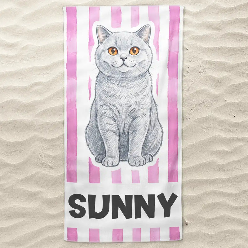 Custom Photo, Beach, Art Design, Summer, Pet Lovers, Playful, Photo - Colored Pencil - Custom Photo Colored Pencil Sketch Poolside Beach Vacation Dog Cat - Personalized Beach Towel