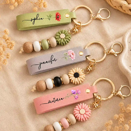 Birth Month Flower With Name - Personalized Leather Beaded Keychain