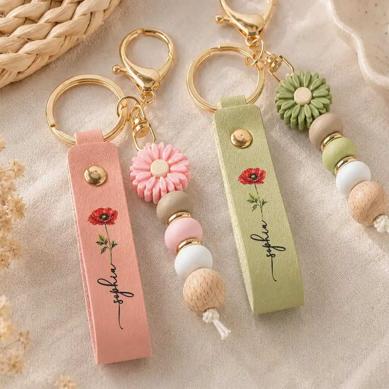 Confident, Icon - Birth Month Flower With Name - Personalized Leather Beaded Keychain