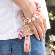 Confident, Icon - Birth Month Flower With Name - Personalized Leather Beaded Keychain