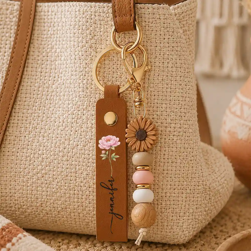 Confident, Icon - Birth Month Flower With Name - Personalized Leather Beaded Keychain