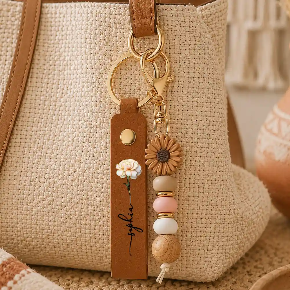 Confident, Icon - Nacre Effect Birth Flower With Name - Personalized Leather Beaded Keychain