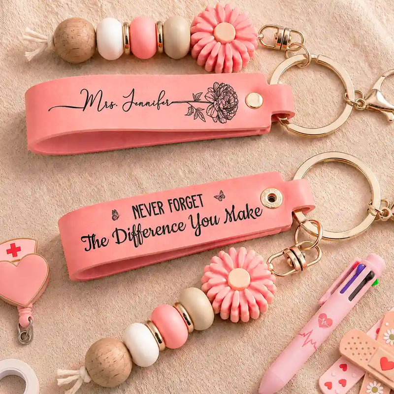 Nurse, Proud, Icon - Nurse Never Forget The Difference That You Make - Personalized Leather Beaded Keychain