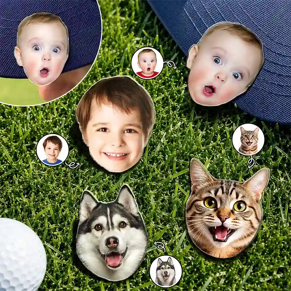 Playful, Custom Photo, Golf, Pet Lovers, Cut-Face Photo - Custom Photo Kid Dog Cat Pet Golf Ball Marker - Personalized Acrylic Magnetic Clip