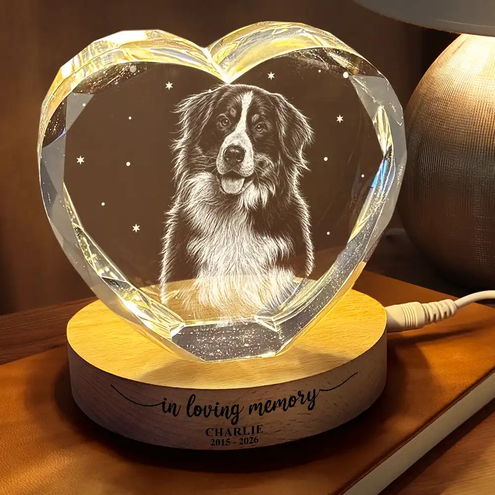 Art Design,Healing,Pet Memorial,Pet Lovers,Memorial,Photo - Pencil Sketch - Dark BG - Custom Photo White Pencil Sketch Art Forever Loved Memorial Dog Cat - Personalized Crystal Heart Shaped Lamp