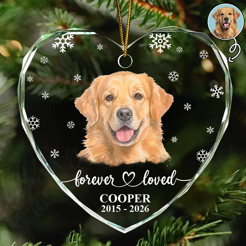 Custom Photo Realistic Watercolor Art Forever Loved Memorial Dog Cat - Personalized Heart Shaped Glass Ornament