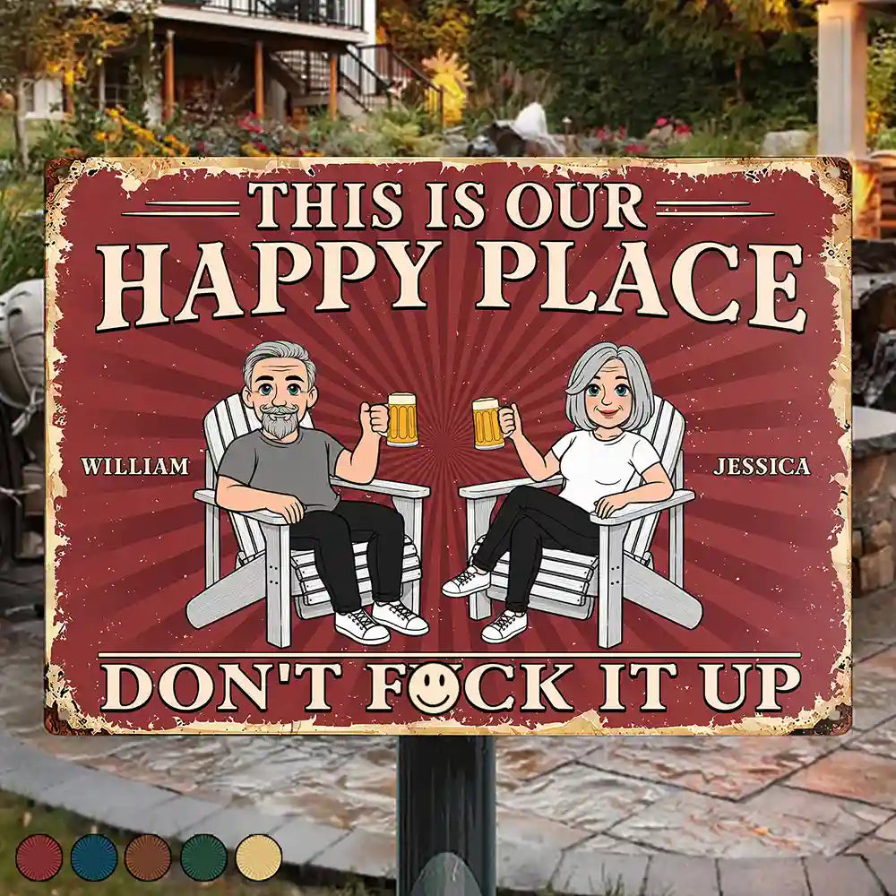 Humorous,Gift For Couples,Vector - This Is Our Happy Place Retro Cartoon Couple Funny - Personalized Classic Metal Signs