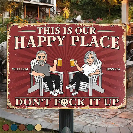 This Is Our Happy Place Retro Cartoon Couple Funny - Personalized Classic Metal Signs