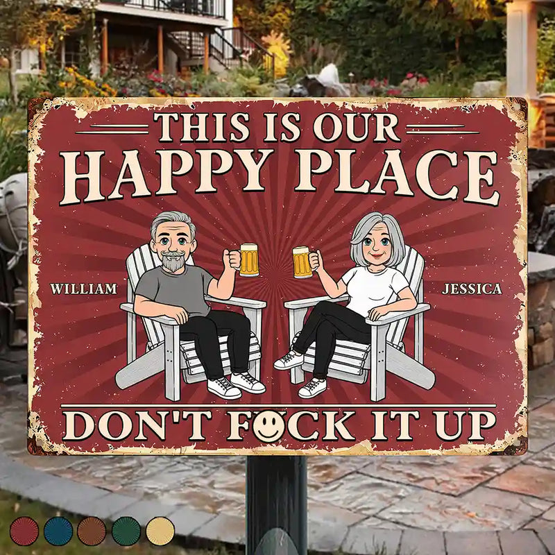 Humorous,Gift For Couples,Vector - This Is Our Happy Place Retro Cartoon Couple Funny - Personalized Classic Metal Signs