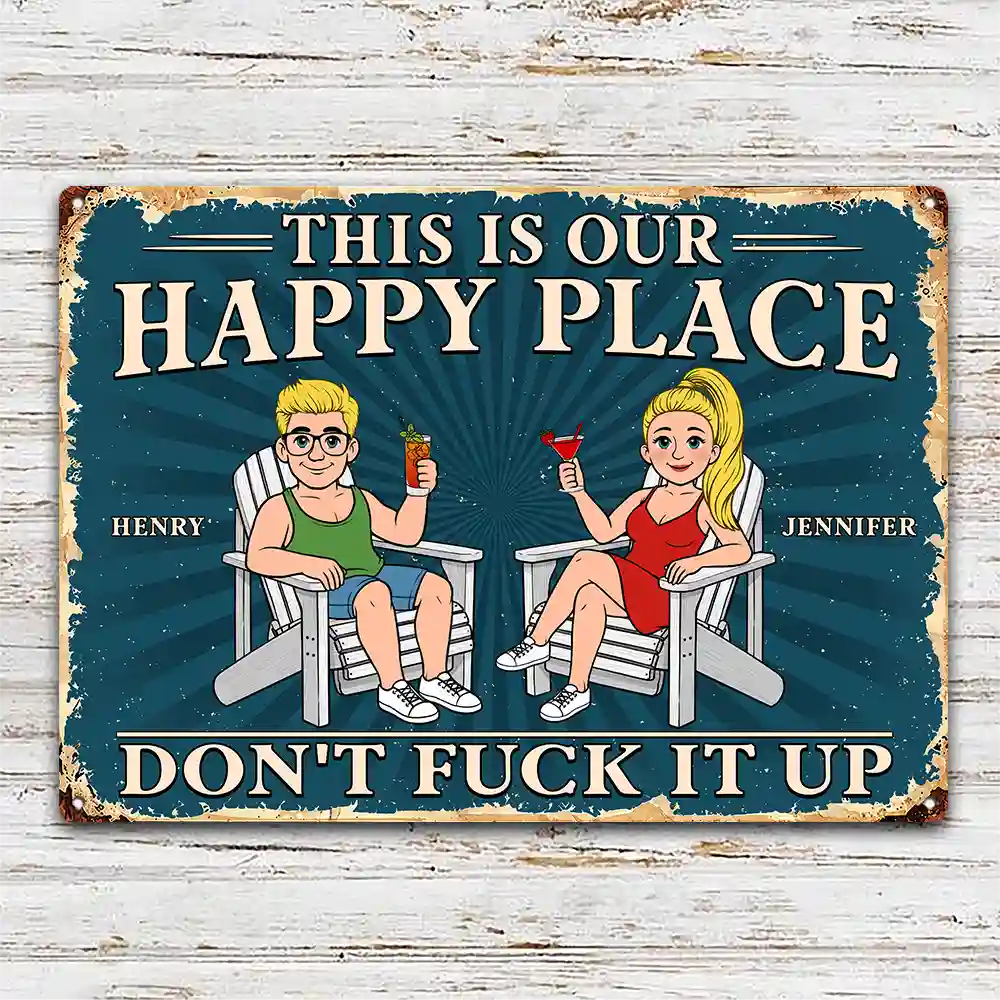 Humorous,Gift For Couples,Vector - This Is Our Happy Place Retro Cartoon Couple Funny - Personalized Classic Metal Signs