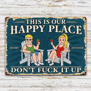 Humorous,Gift For Couples,Vector - This Is Our Happy Place Retro Cartoon Couple Funny - Personalized Classic Metal Signs