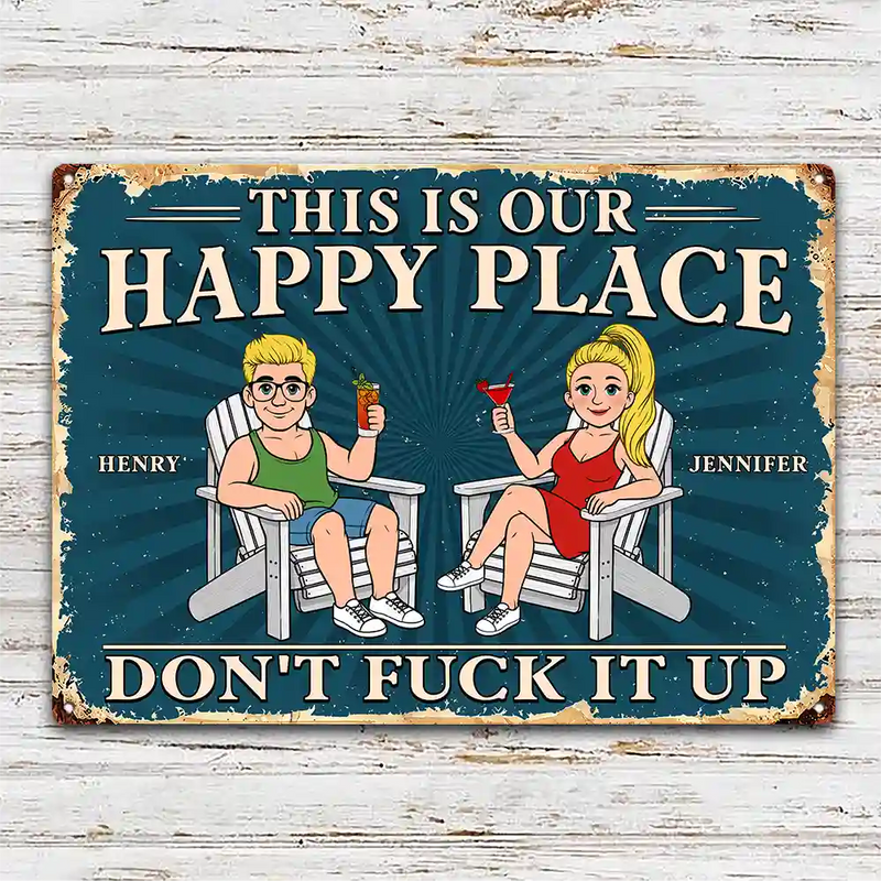 Humorous,Gift For Couples,Vector - This Is Our Happy Place Retro Cartoon Couple Funny - Personalized Classic Metal Signs