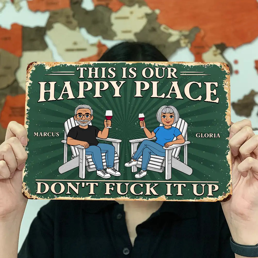 Humorous,Gift For Couples,Vector - This Is Our Happy Place Retro Cartoon Couple Funny - Personalized Classic Metal Signs