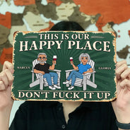 Humorous,Gift For Couples,Vector - This Is Our Happy Place Retro Cartoon Couple Funny - Personalized Classic Metal Signs