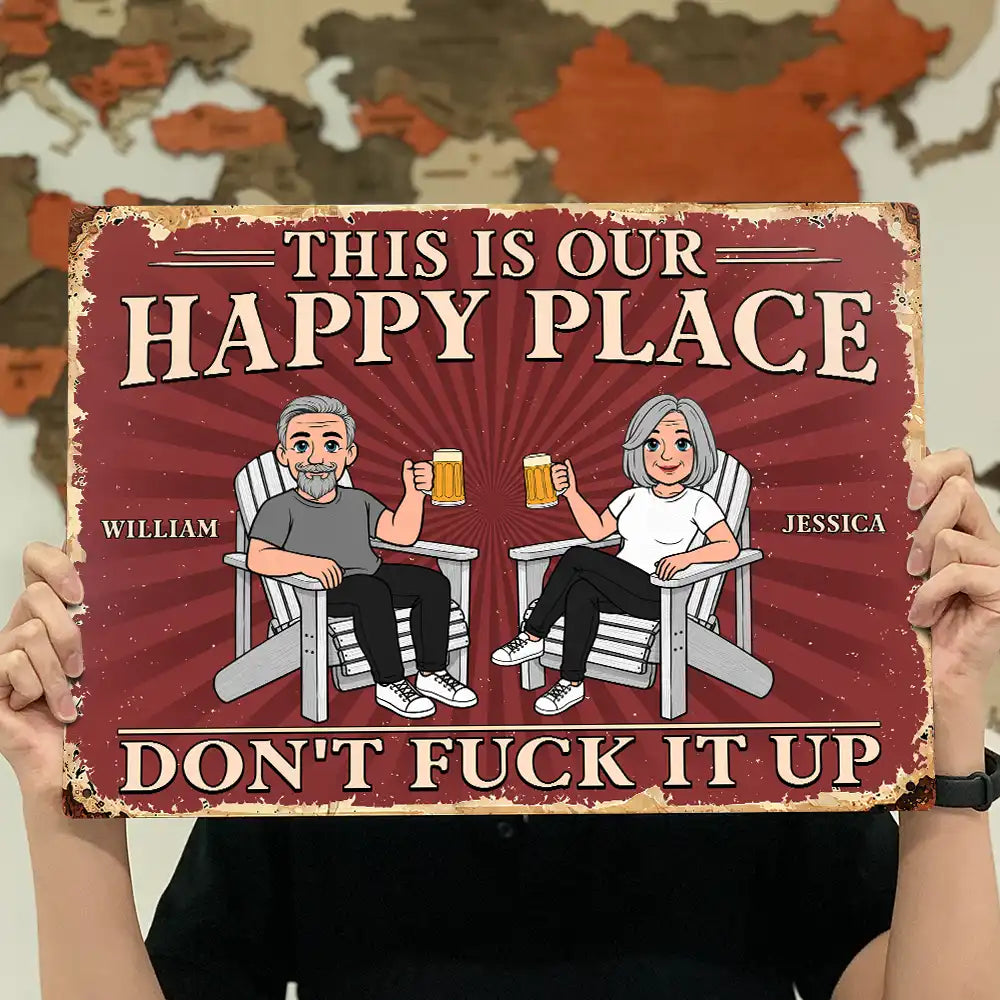 Humorous,Gift For Couples,Vector - This Is Our Happy Place Retro Cartoon Couple Funny - Personalized Classic Metal Signs