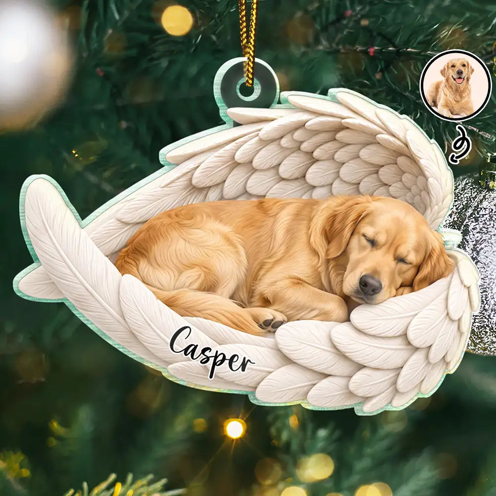 Art Design,Healing,Christmas,Pet Memorial,Pet Lovers,Memorial,Photo - Sleeping Pet Angle Wing - Custom Photo Sleeping Angel Remembrance Memorial Dog Cat Pet - Personalized Custom Shaped Acrylic Ornament