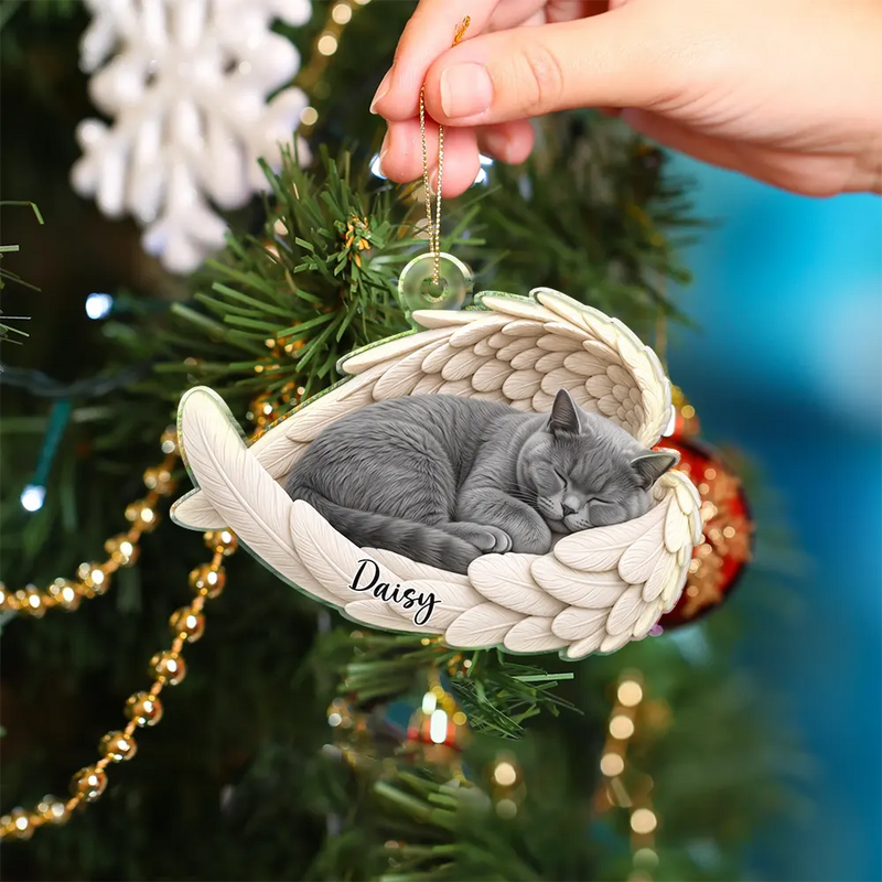 Art Design,Healing,Christmas,Pet Memorial,Pet Lovers,Memorial,Photo - Sleeping Pet Angle Wing - Custom Photo Sleeping Angel Remembrance Memorial Dog Cat Pet - Personalized Custom Shaped Acrylic Ornament