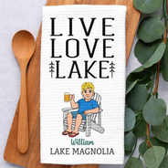 New House,Outdoor Decor,Lake,Gift For Couples,Vector,Happy - Live Love Lake Couple - Personalized Kitchen Towel