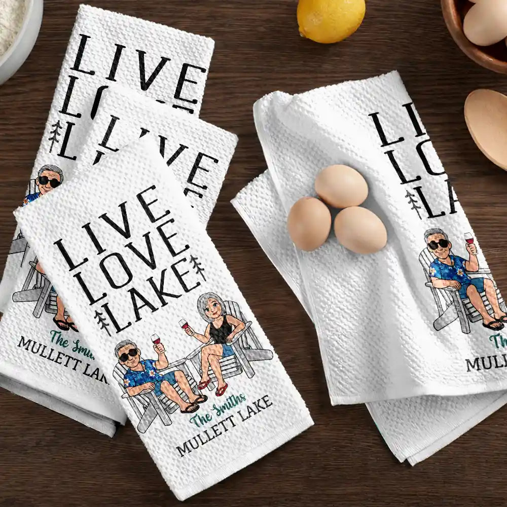 New House,Outdoor Decor,Lake,Gift For Couples,Vector,Happy - Live Love Lake Couple - Personalized Kitchen Towel