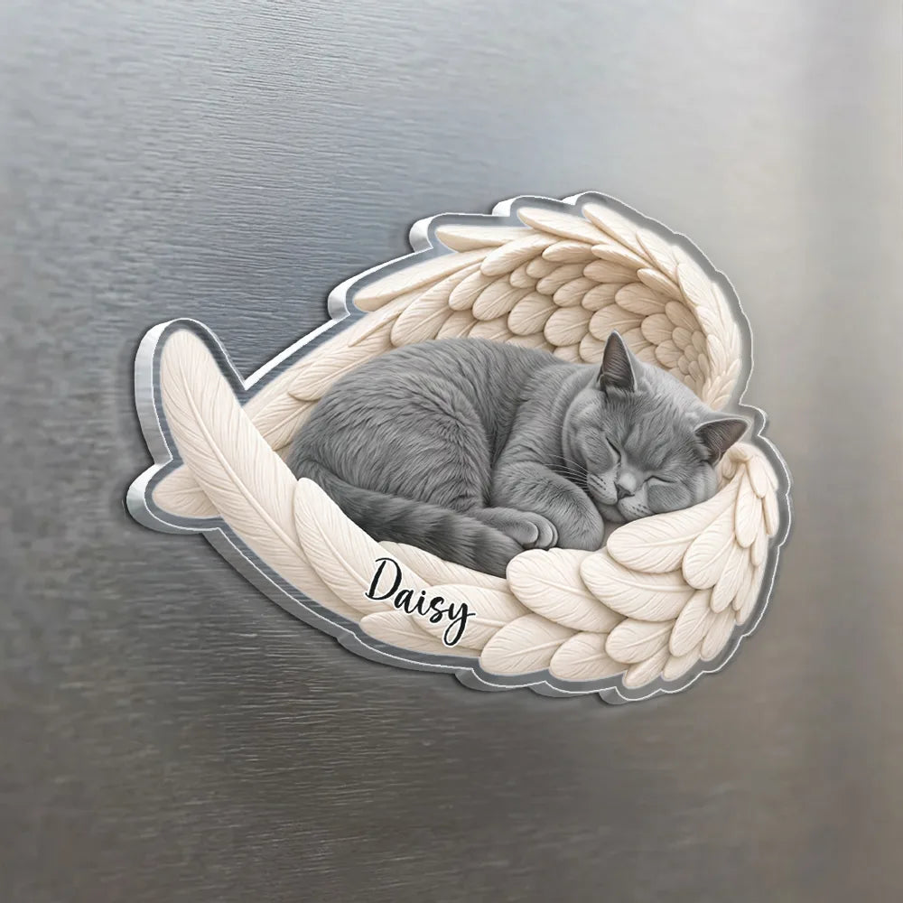 Art Design,Pet Memorial,Cozy,Pet Lovers,Memorial,Photo - Sleeping Pet Angle Wing - Custom Photo Sleeping Angel Remembrance Memorial Dog Cat Pet - Personalized Acrylic Magnet