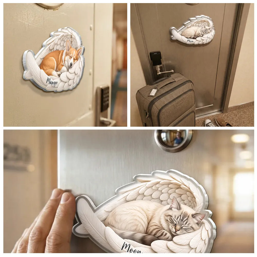 Art Design,Pet Memorial,Cozy,Pet Lovers,Memorial,Photo - Sleeping Pet Angle Wing - Custom Photo Sleeping Angel Remembrance Memorial Dog Cat Pet - Personalized Acrylic Magnet