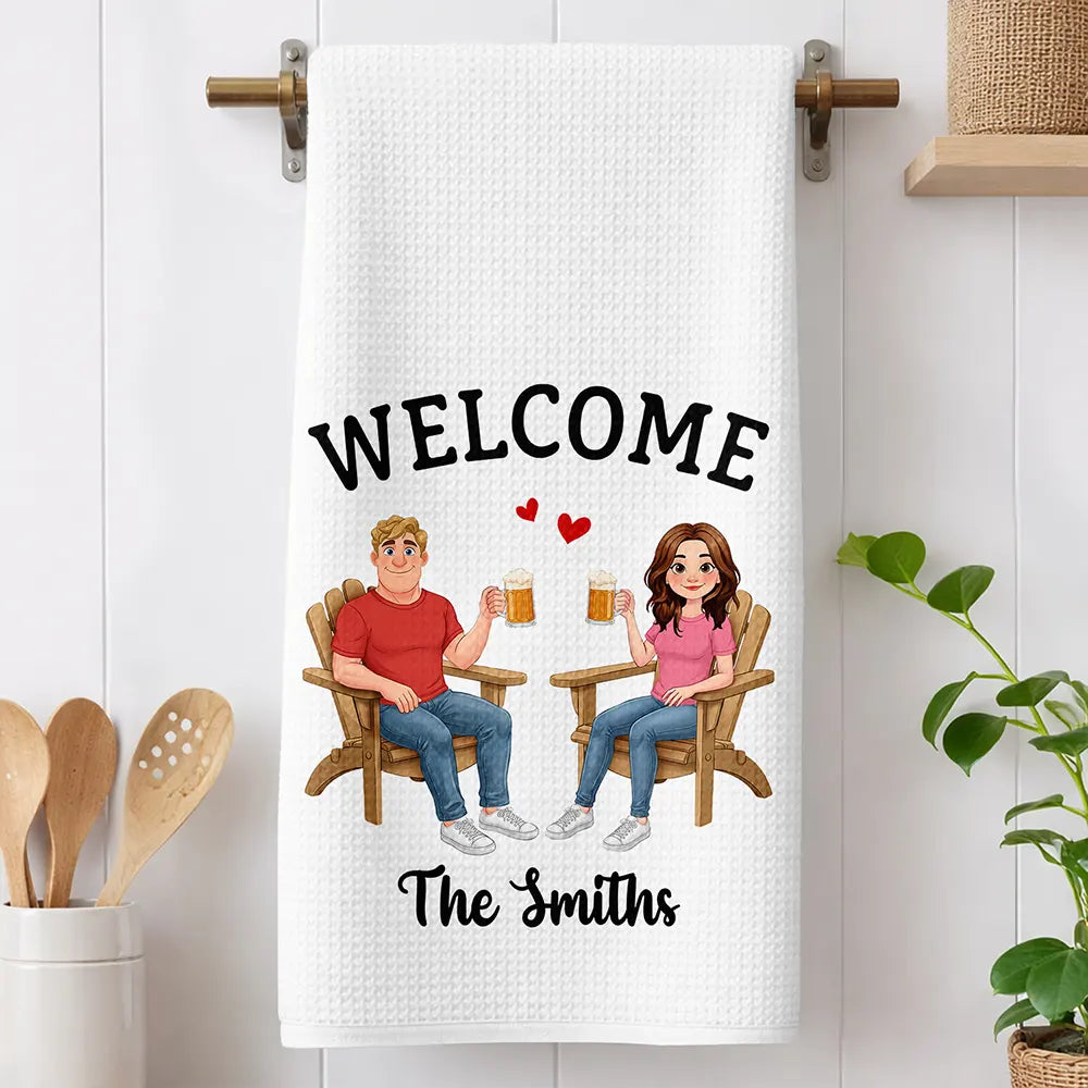 New House, Gift For Couples, Vector, Happy - Welcome New Home Decoration Animate Couple - Personalized Kitchen Towel