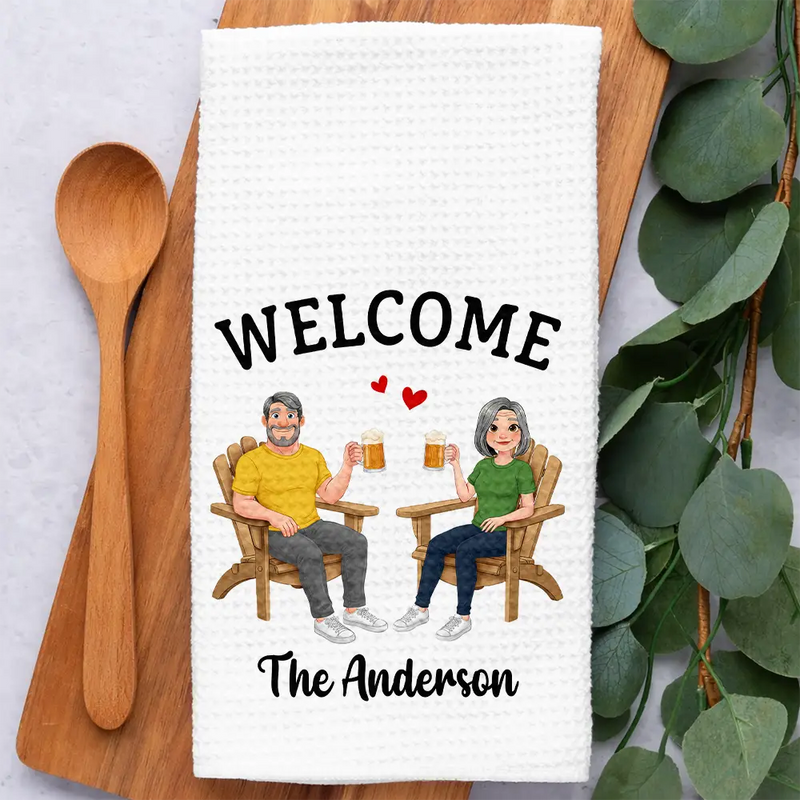 New House, Gift For Couples, Vector, Happy - Welcome New Home Decoration Animate Couple - Personalized Kitchen Towel