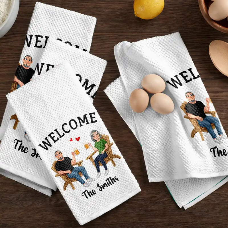 New House, Gift For Couples, Vector, Happy - Welcome New Home Decoration Animate Couple - Personalized Kitchen Towel