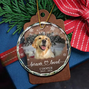 Healing,Christmas,Custom Photo,Pet Memorial,Pet Lovers,Memorial,Upload Full Photo - Custom Photo Forever Loved Memorial Dog Cat - Personalized Circle Glass Ornament