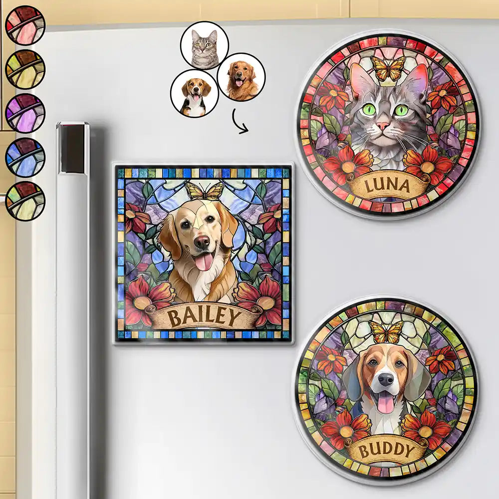 Art Design,Playful,Pet Lovers,Photo - Stained Glass - Custom Photo Stained Glass Portrait Dog Cat Family - Personalized Acrylic Magnet