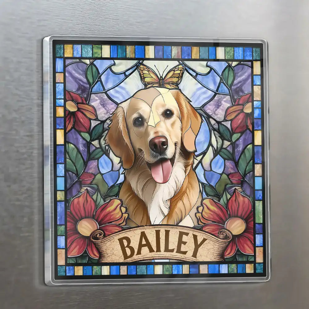 Art Design,Playful,Pet Lovers,Photo - Stained Glass - Custom Photo Stained Glass Portrait Dog Cat Family - Personalized Acrylic Magnet