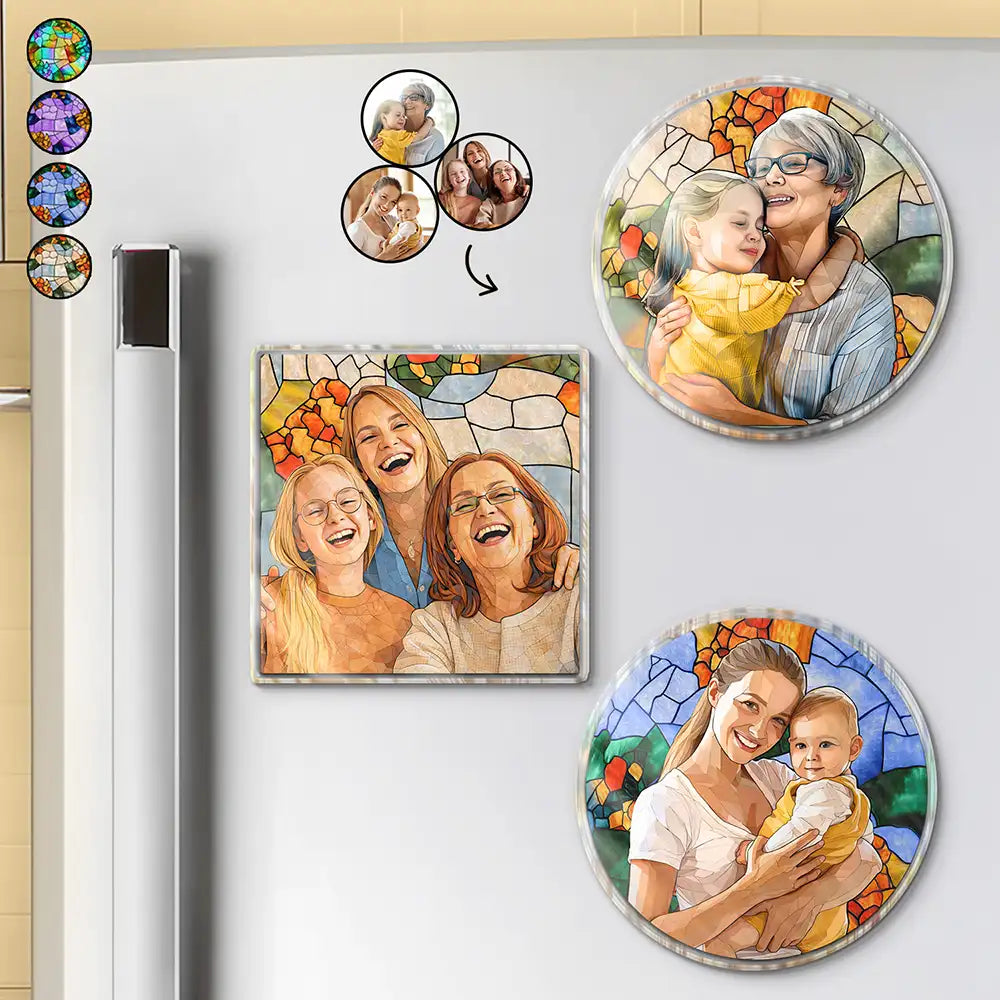 Art Design,Family,Photo - Stained Glass,Happy - Custom Photo Stained Glass Mom Grandma Parents Family - Personalized Acrylic Magnet