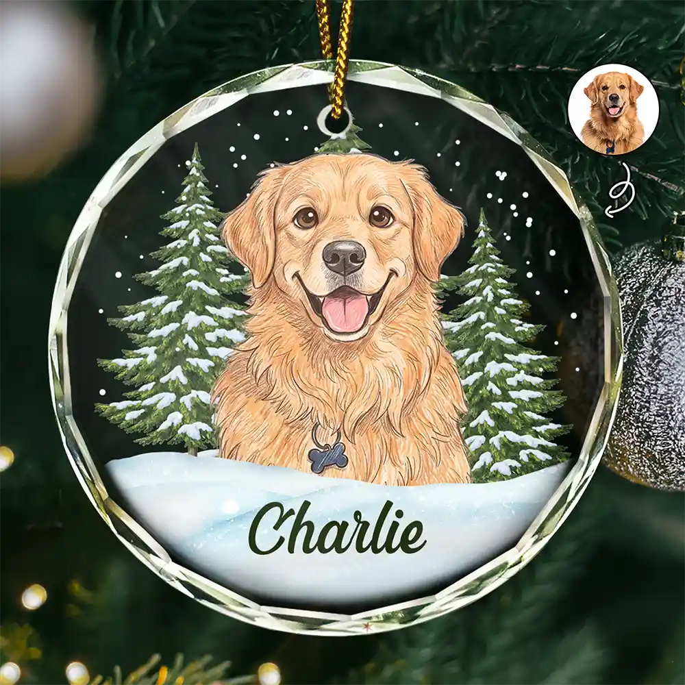 Custom Photo Colored Pencil Sketch Dog Cat Pet - Personalized Circle Glass Ornament