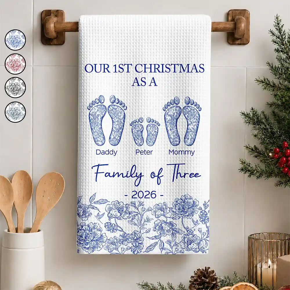 Christmas,Family,Icon,Happy - First Christmas As A Family Of Four Toile Footprints - Personalized Kitchen Towel