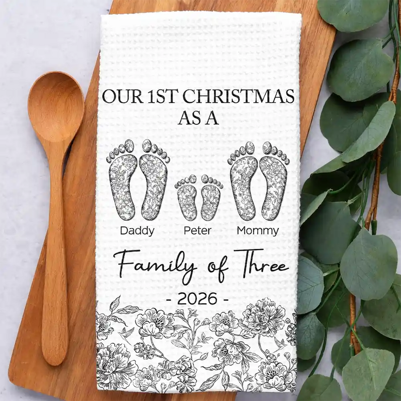 Christmas,Family,Icon,Happy - First Christmas As A Family Of Four Toile Footprints - Personalized Kitchen Towel