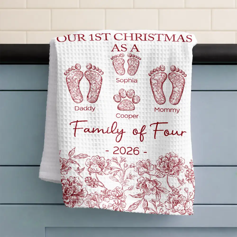 Christmas,Family,Icon,Happy - First Christmas As A Family Of Four Toile Footprints - Personalized Kitchen Towel