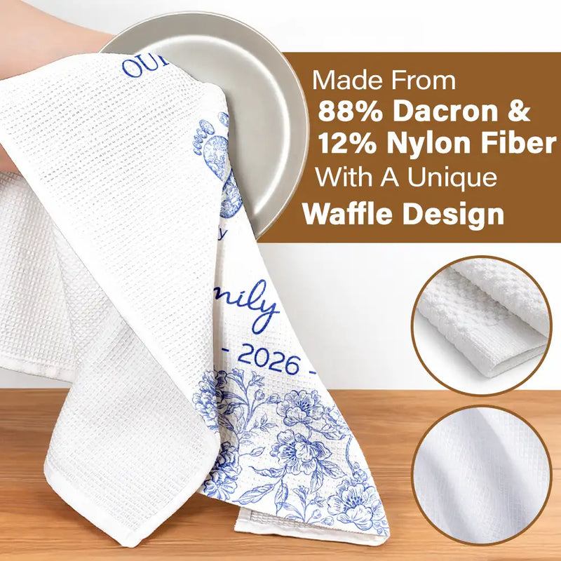 Christmas,Family,Icon,Happy - First Christmas As A Family Of Four Toile Footprints - Personalized Kitchen Towel