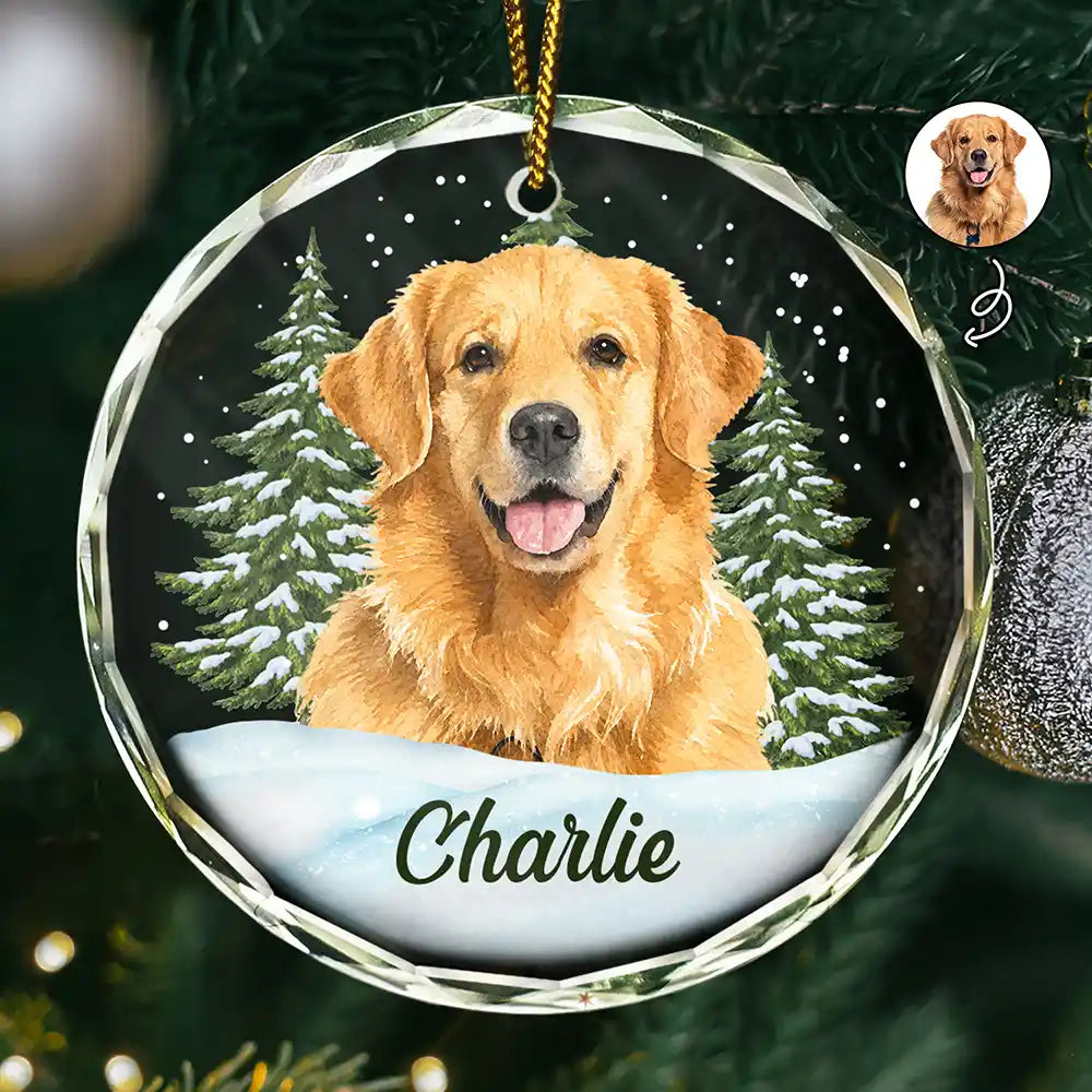 Custom Photo Realistic Watercolor Art Dog Cat Pet - Personalized Circle Glass Ornament