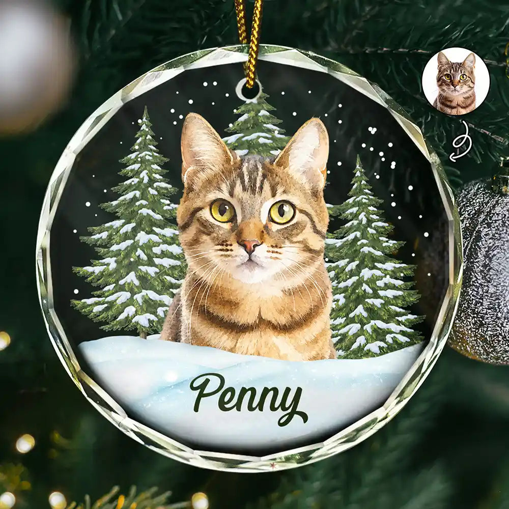 Art Design, Christmas, Cozy, Pet Lovers, Photo - Watercolor - Remove BG - Custom Photo Realistic Watercolor Art Dog Cat Pet - Personalized Circle Glass Ornament