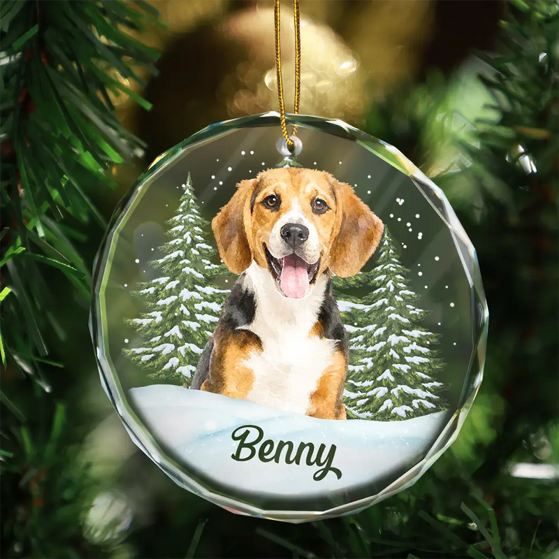 Art Design, Christmas, Cozy, Pet Lovers, Photo - Watercolor - Remove BG - Custom Photo Realistic Watercolor Art Dog Cat Pet - Personalized Circle Glass Ornament