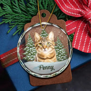 Art Design, Christmas, Cozy, Pet Lovers, Photo - Watercolor - Remove BG - Custom Photo Realistic Watercolor Art Dog Cat Pet - Personalized Circle Glass Ornament