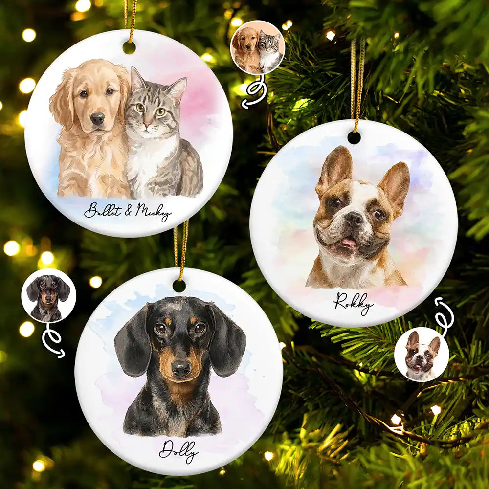 Custom Photo Realistic Watercolor Art Portrait Cat Dog Pet - Personalized Circle Ceramic Ornament